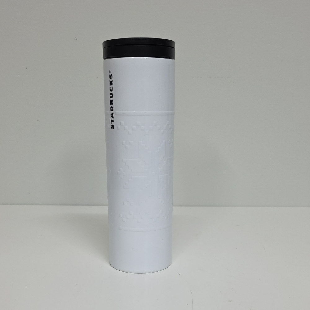 2015 Starbucks Embossed Troy Fair Isle Tumbler, White With Black Lid, 16 Oz